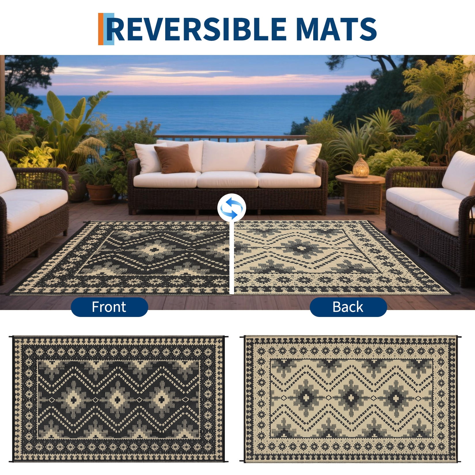 Garvee 8'x10' Outdoor Rug Waterproof Plastic Straw Rug, Reversible Camping Rugs Camping RV Mat Outside Vintage Diamond Carpet for Patio Deck Backyard Beach Picnic, Coffee