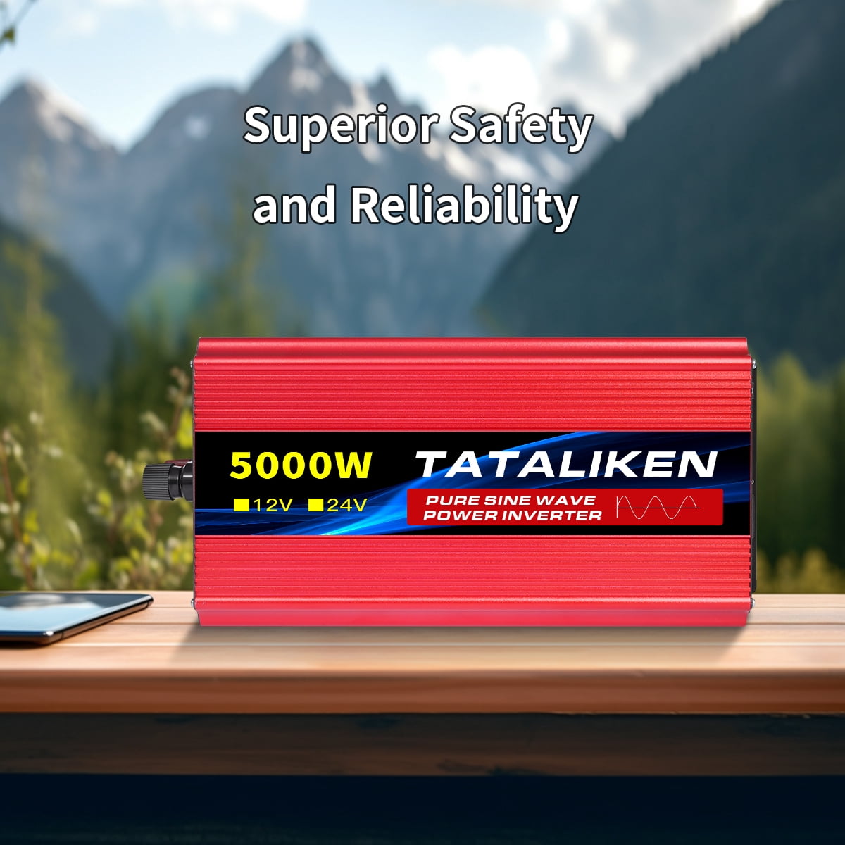 TATALIKEN 5000W（Rating power 2000 W）Pure Sine Wave Power Inverter DC 12V to AC 110V/120V Car Inverter with Battery Clamp Cable 2 AC Outlets for Power Tools Home Vehicles RV Truck, LCD Display Red