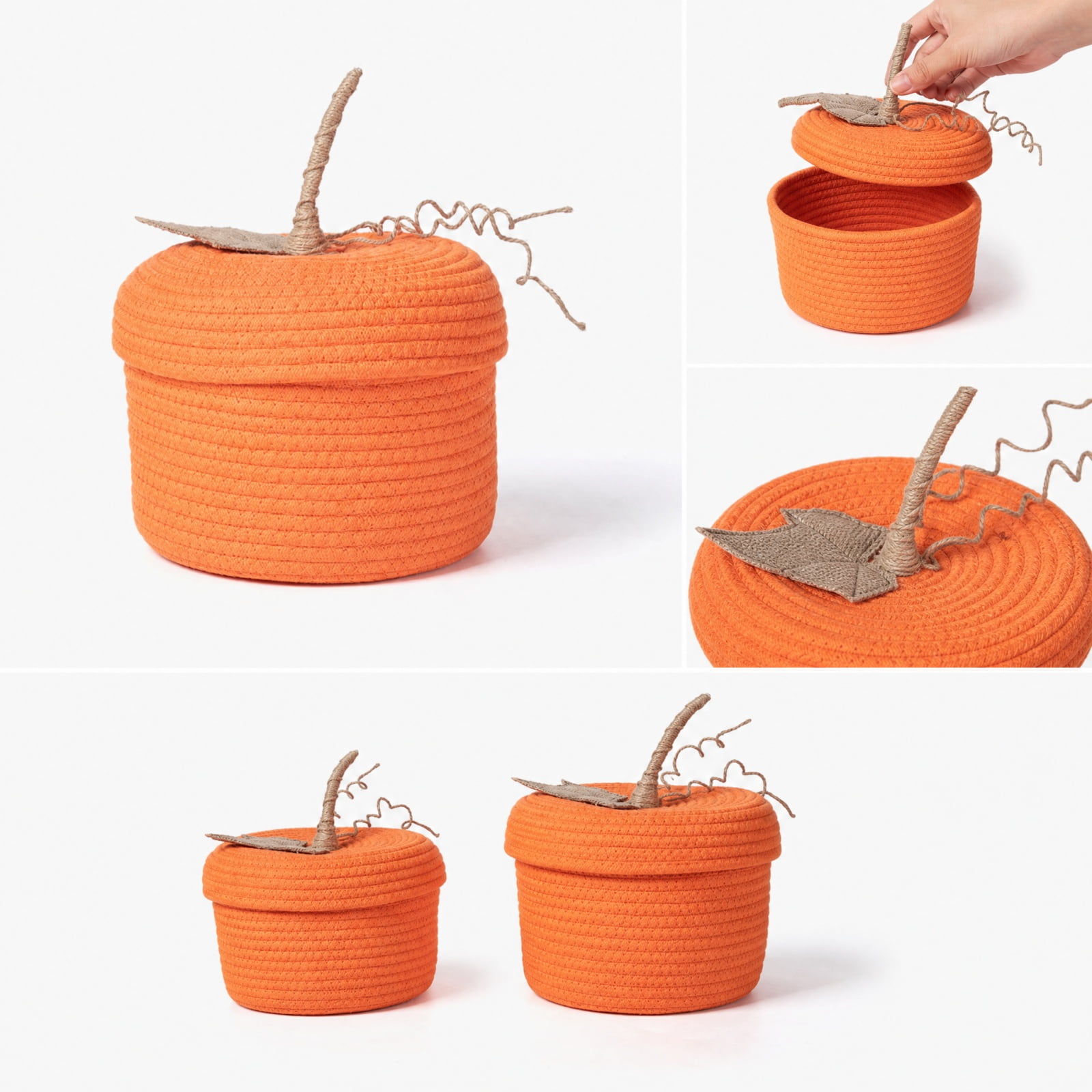 Halloween Decor Pumpkin Cotton Rope Basket Handwoven Soft Bin with Green Handle for Candy Snacks Festive Accent For Table Mantel Entryway Party Favors Display 10.24in