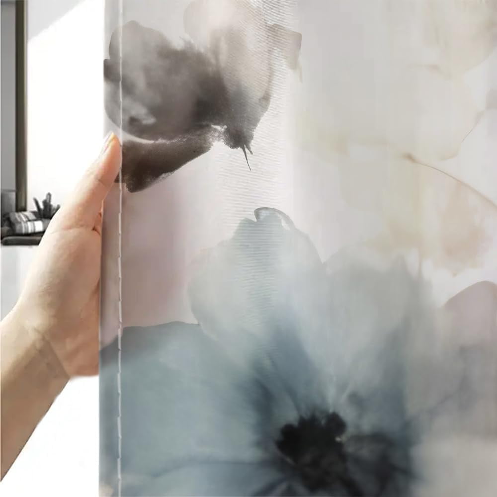 Boho Floral Shower Curtain, Cream Tan Beige Blue Grey White Watercolor Flower Fabric Shower Curtains Set for Bathroom Decoration with Hooks 72 X 72 inch Cute Farmhouse Bath Decor