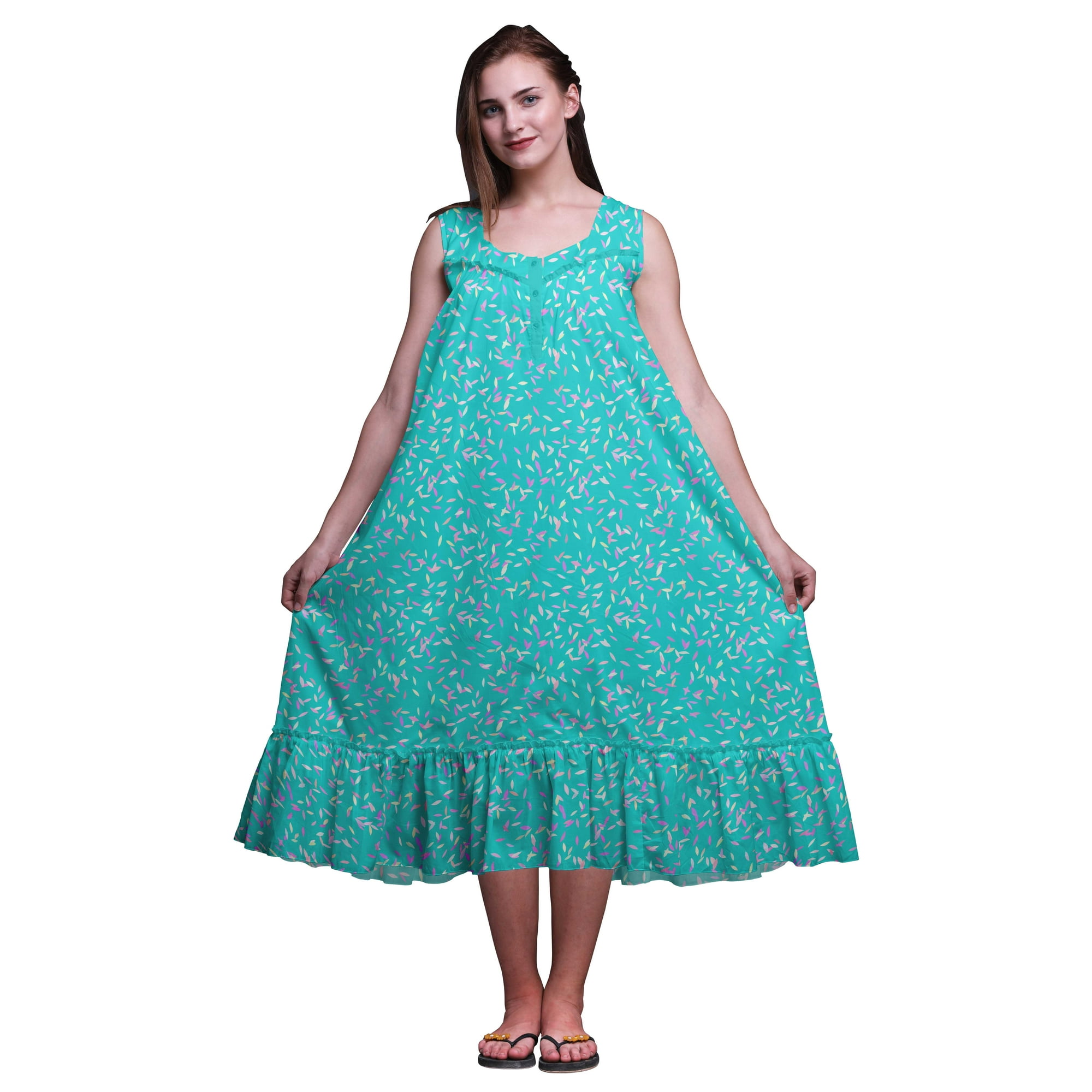 Bimba Turquoise Green2 Leaves Colorful Mid Calf Nightwear Ladies Cotton Printed Sleeveless Night Gown Maxi Dress Medium