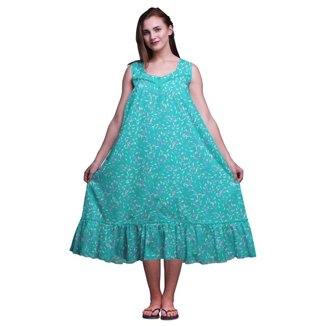 Bimba Turquoise Vert2 Feuilles Chemises de Nuit Colorées en Coton pour Femmes Mi-Mollet Imprimées Robe de Nuit X-Small