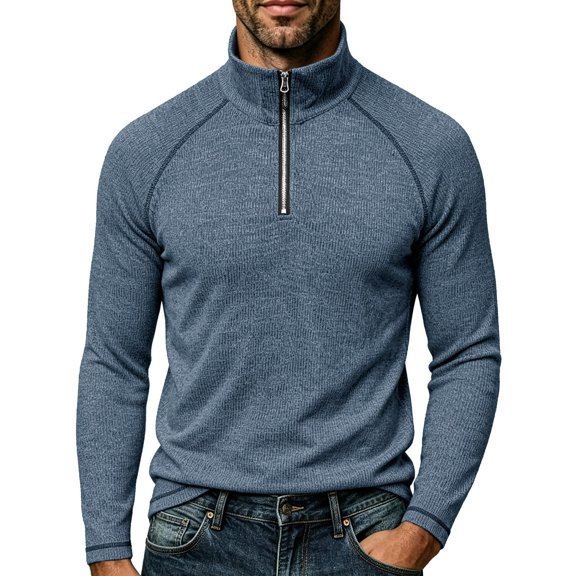 TOUMENY Men Half Zip Sweater Long Sleeve Slim Casual Knit Pullover Stand Collar Solid Raglan Fall Winter Workout Tops Blue L