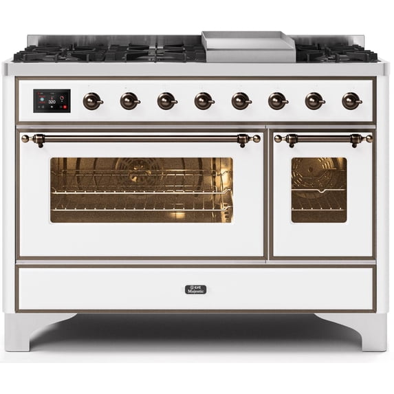 Ilve UM12FDNS3WHBLP Majestic II Series 48 Inch Dual Fuel Freestanding Range, 7 Sealed Burners, 4.99 cu. ft. Total Oven Capacity in White, Bronze Trim (Liquid Propane)