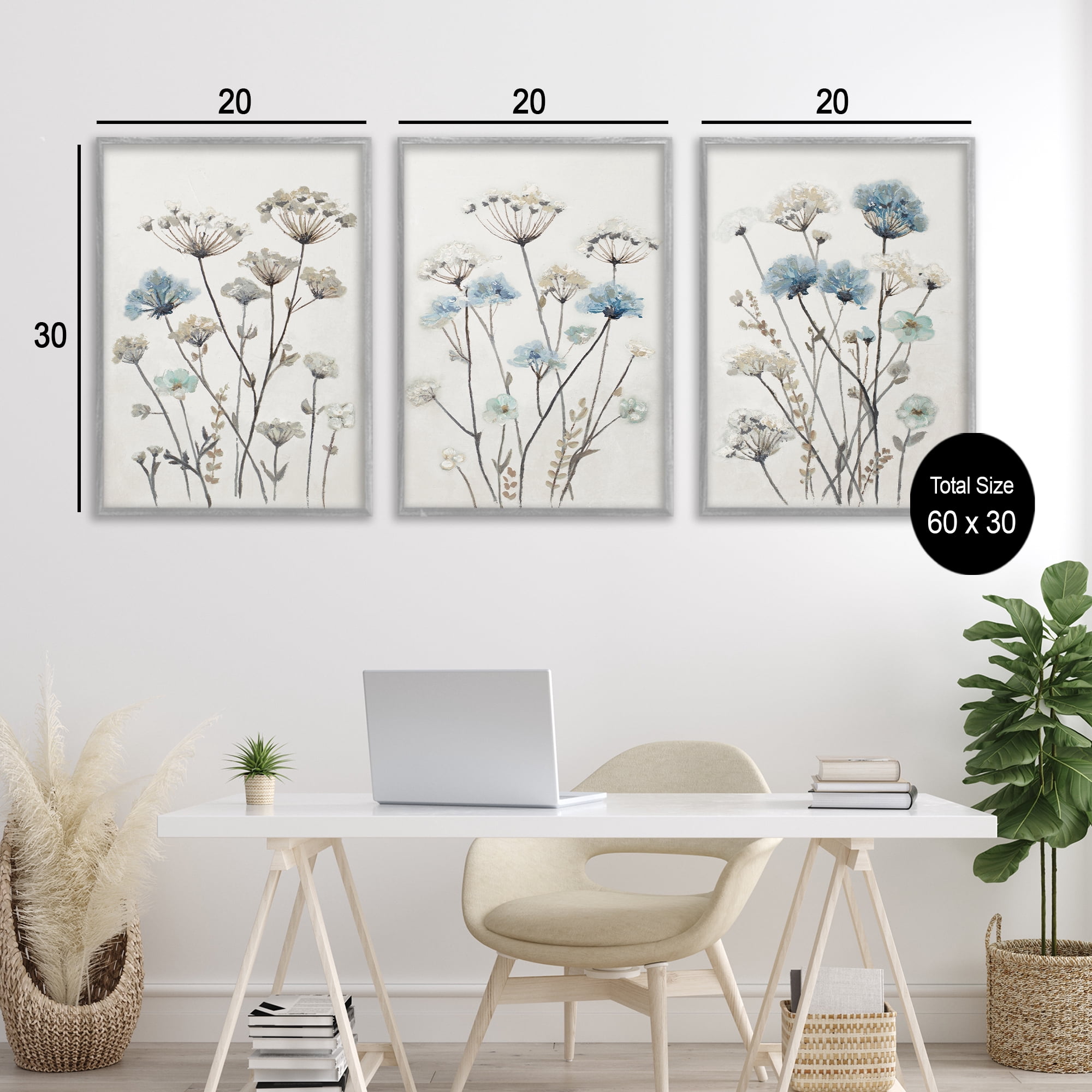 Stupell Industries Neutral & Blue Garden 3 Piece Gray Framed Floater Canvas Set, design by Patricia Pinto
