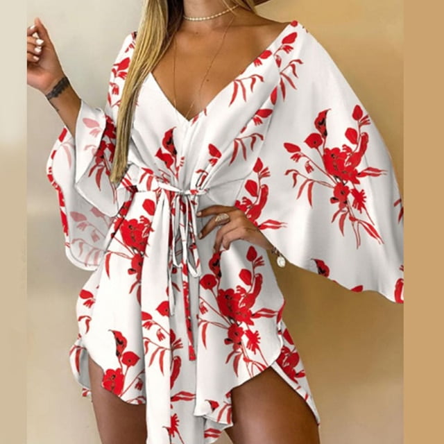 Irregular Boho Mini Dress Bat Sleeve 2021 Fall Feminine Sexy Deep V Neck Loose Party Spring Mini Dress With Lace Belt Fall