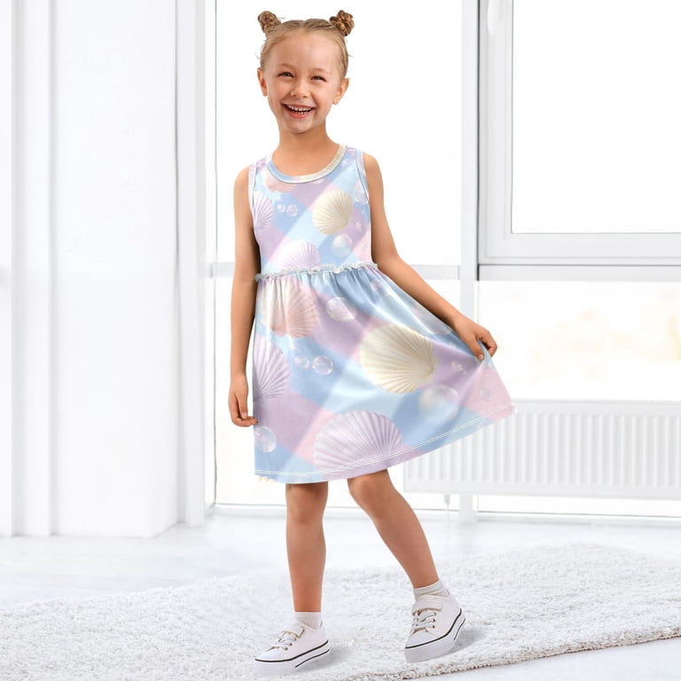 Pastel Color Plaids Bubbles Shells Sleeveless Dress A-Line One-Piece Dress  Quick Dry 8Y