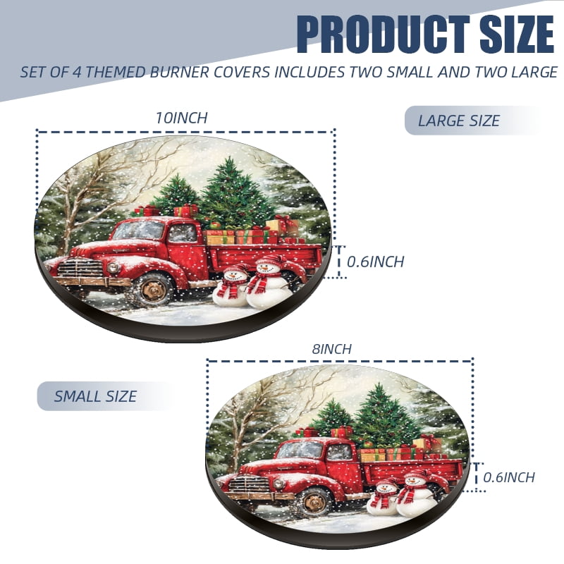 4 Pcs Christmas Gas Stove Burner Cap Set, Red Truck Presents Christmas Snowman Tree Durable Round Gas Stove Burner Covers Set of 4 for Kitchen Xmas Decor, 8 Inches and 10 Inches