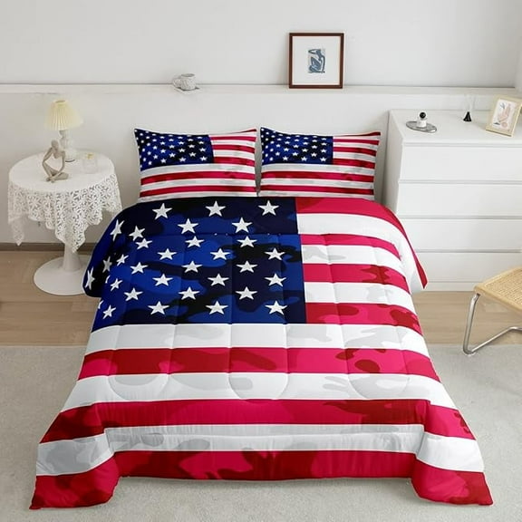 YST American Flag Bedding Set Camouflage USA Flag Comforter Set Army Camo Flag Comforter Blue Red White Stars Comforter for All Season Room Decor Queen Size Boys