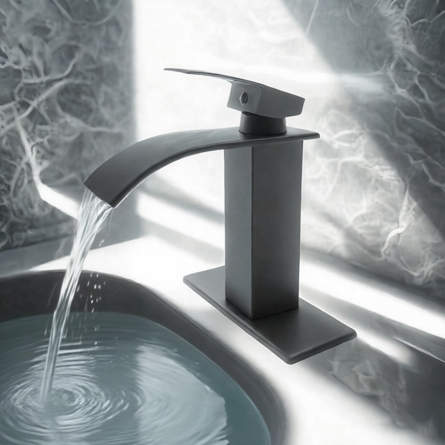 Bathroom Sink Faucet Waterfall Spout Hold & Cold Mixer Tap Single Handle Modern Lavatory Vanity Sink Faucet with Hose Deck Plate for 1 or 3 Holes, Matte Black