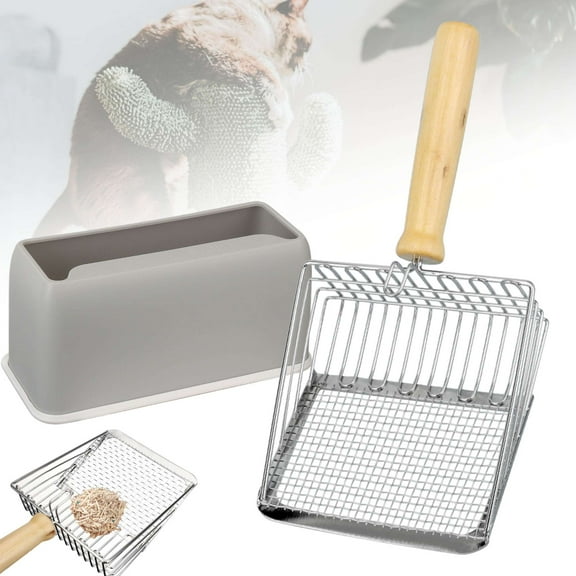 Luxtrada Fast Sifting Cat Litter Scoop with Holder Stand, Stainless Steel Poop Scooper with Ergonomic Wood Handle, Heavy Duty and Easy Clean