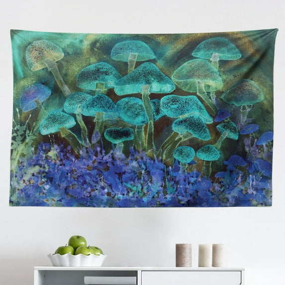 Psychedelic Tapestry, Moon and Sun in Antique Style Lunar Myth Astrology Art Print, Fabric Wall Hanging Decor for Bedroom Living Room Dorm, 2 Sizes, Petrol Blue Yellow, by Ambesonne