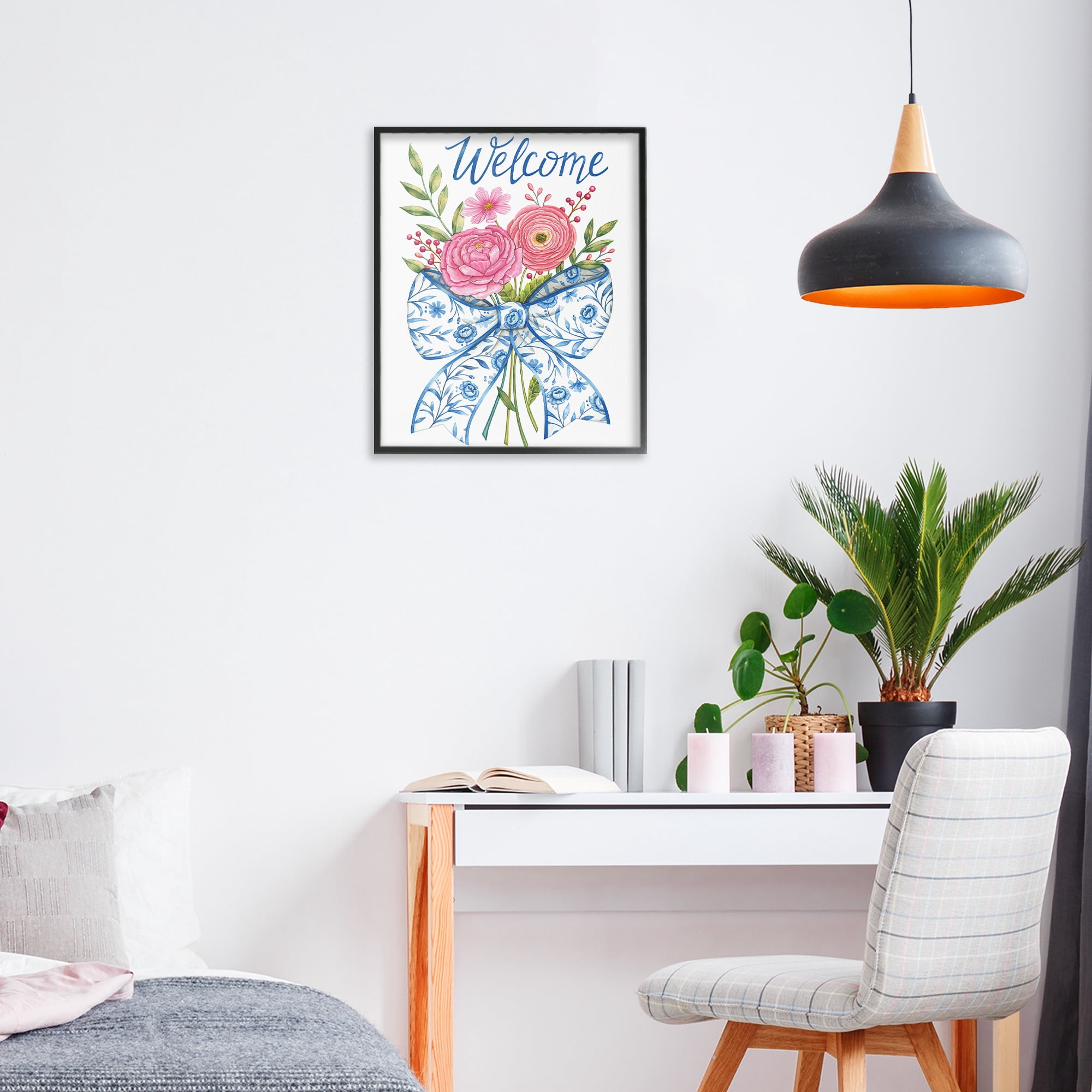Stupell Industries Bow & Flowers Welcome Black Framed Giclee Art, design by Deb Strain
