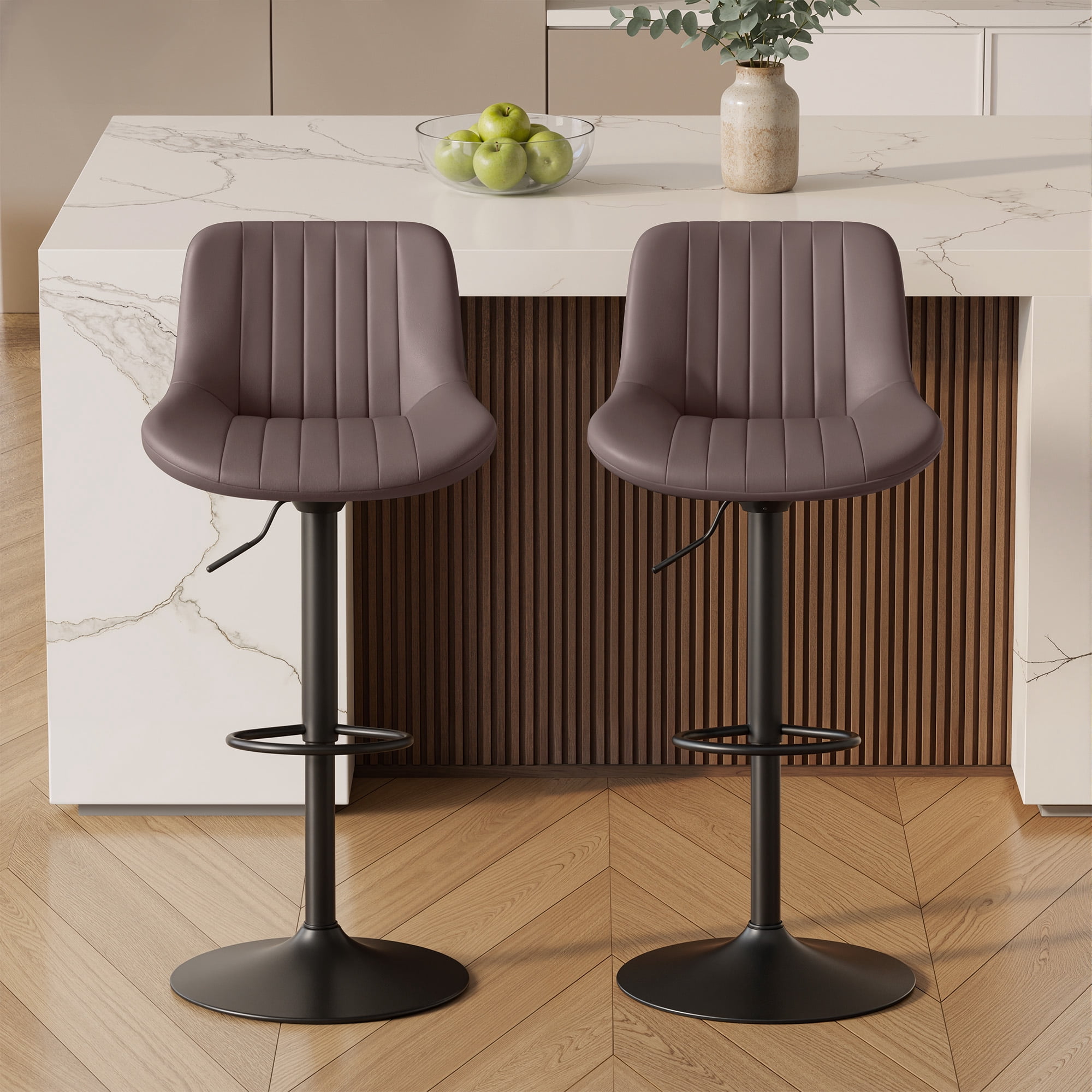 Daluvenix Adjustable Bar Stools Set of 2, Swivel Kitchen Bar Chairs with Back, Modern Tech Fabric Island Chairs for Home Kitchen, Brown