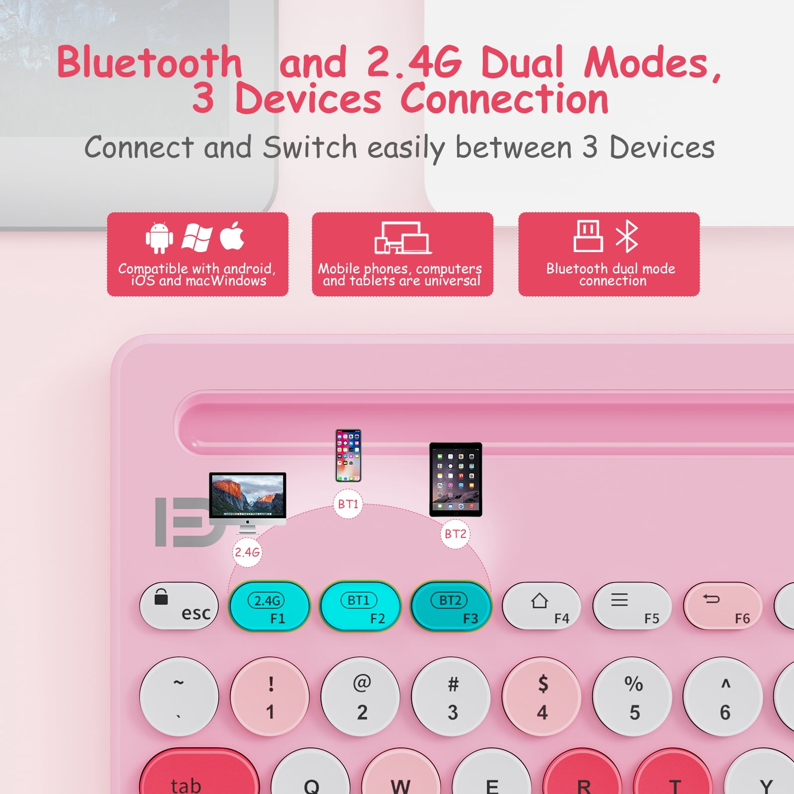 Wireless Keyboard Multi-Device, Bluetooth and 2.4G Dual Mode, Switch to 3 Devices for Cellphone, Tablet, PC, Smart TV, iOS Android Windows, Pink