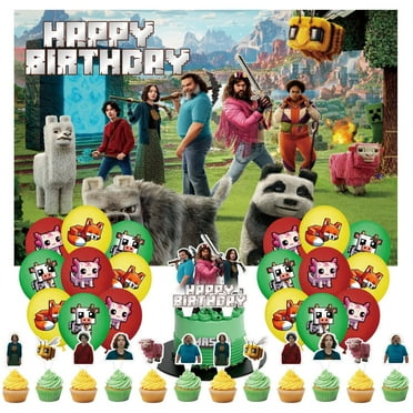 32-Pcs For Minecraft Cartoon-Themed Party Decoration Set – Includes Backdrop, Cake Topper, 12 Cupcake Toppers, and 18 Balloons for Festive Celebrations
