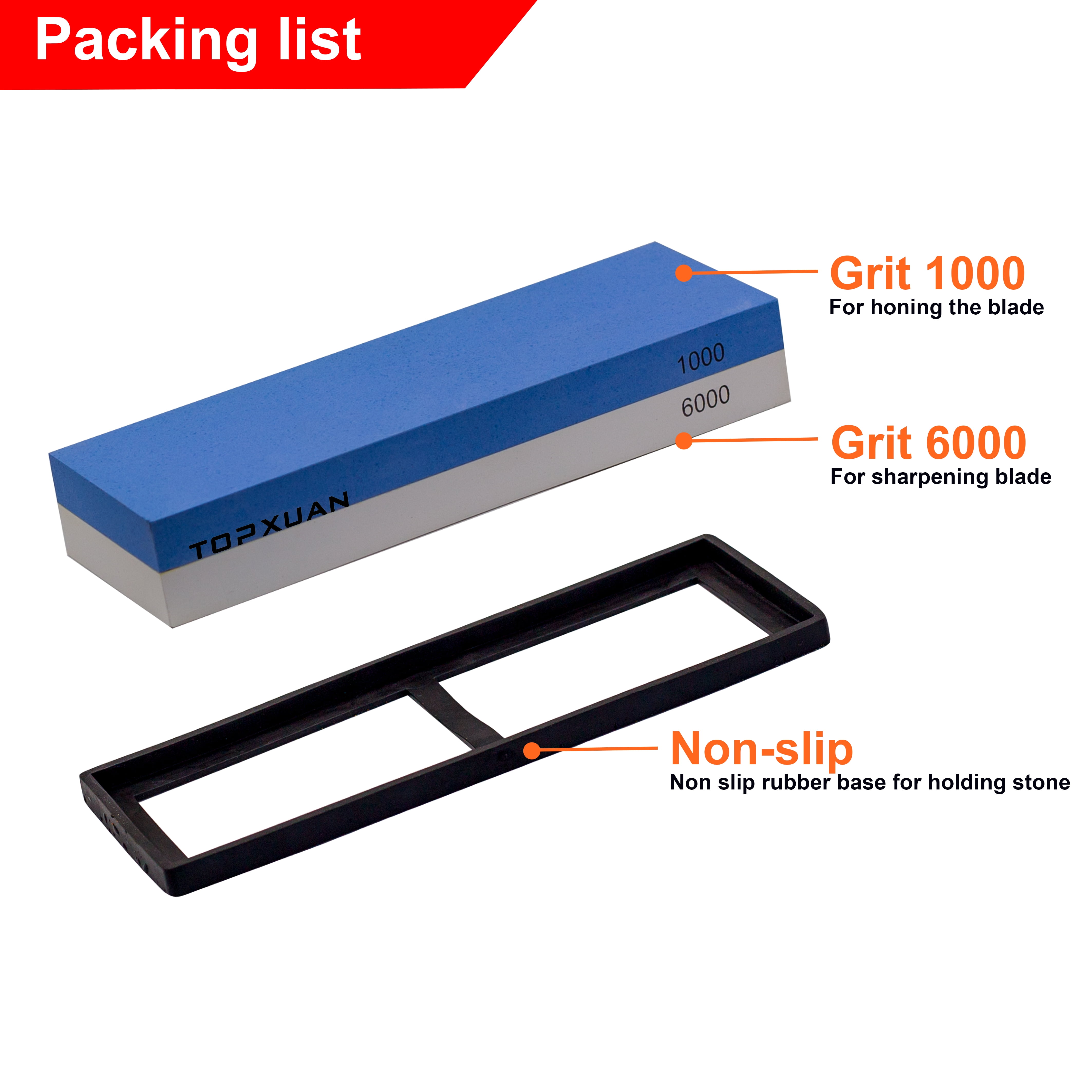 TOPXUAN Knife Sharpening Stone 1000/6000 Grit 2 Sided Sharpener Whetstone,Professional Wetstone for Kitchen Knives Sharpener with Non-Slip Rubber,Orange Color Box Package
