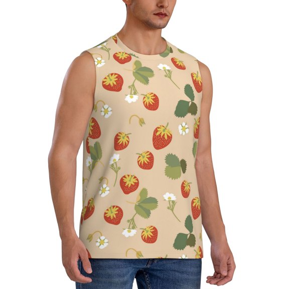 Fotbe Men's Floral Strawberr Print Men's Sleeveless Muscle Tank Tops Casual T-Shirts for Gym Workout Beach-3X-Large