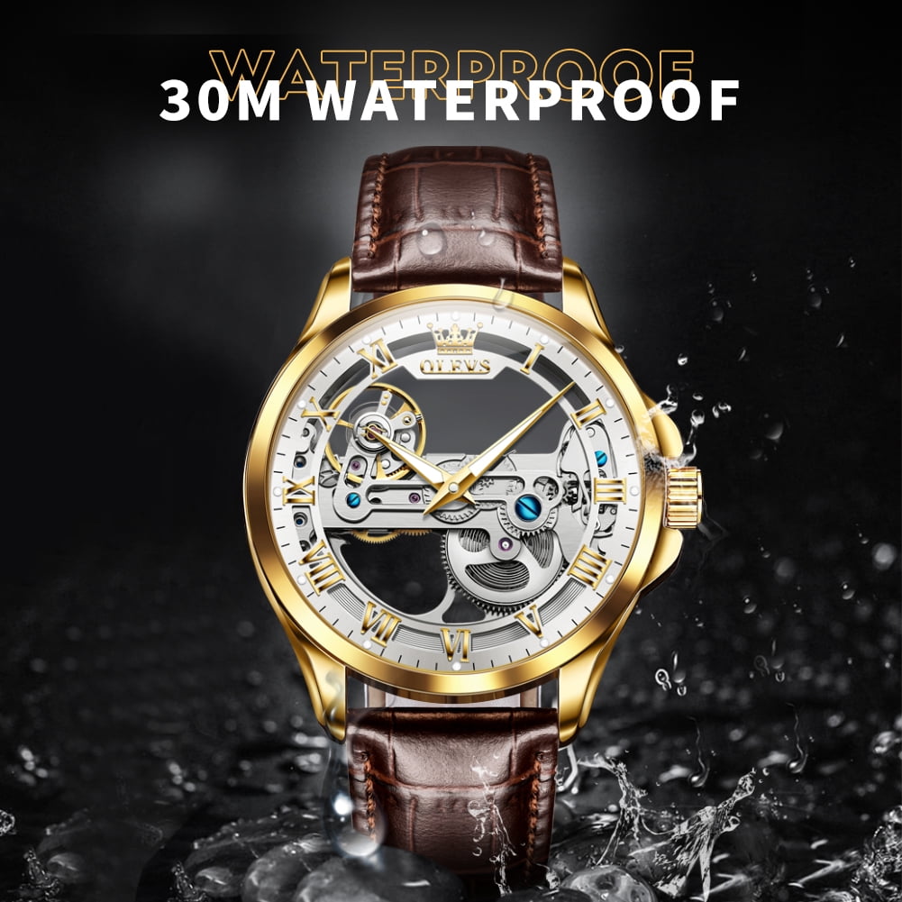 OLEVS Automatic Watches for Men Skeleton Brown Leather Band Large Face Self Winding Mechanical Mens Dress Watches Waterproof Easy to Read Luminous Business Casual Mens Wrist Watches Reloj Para Hombre