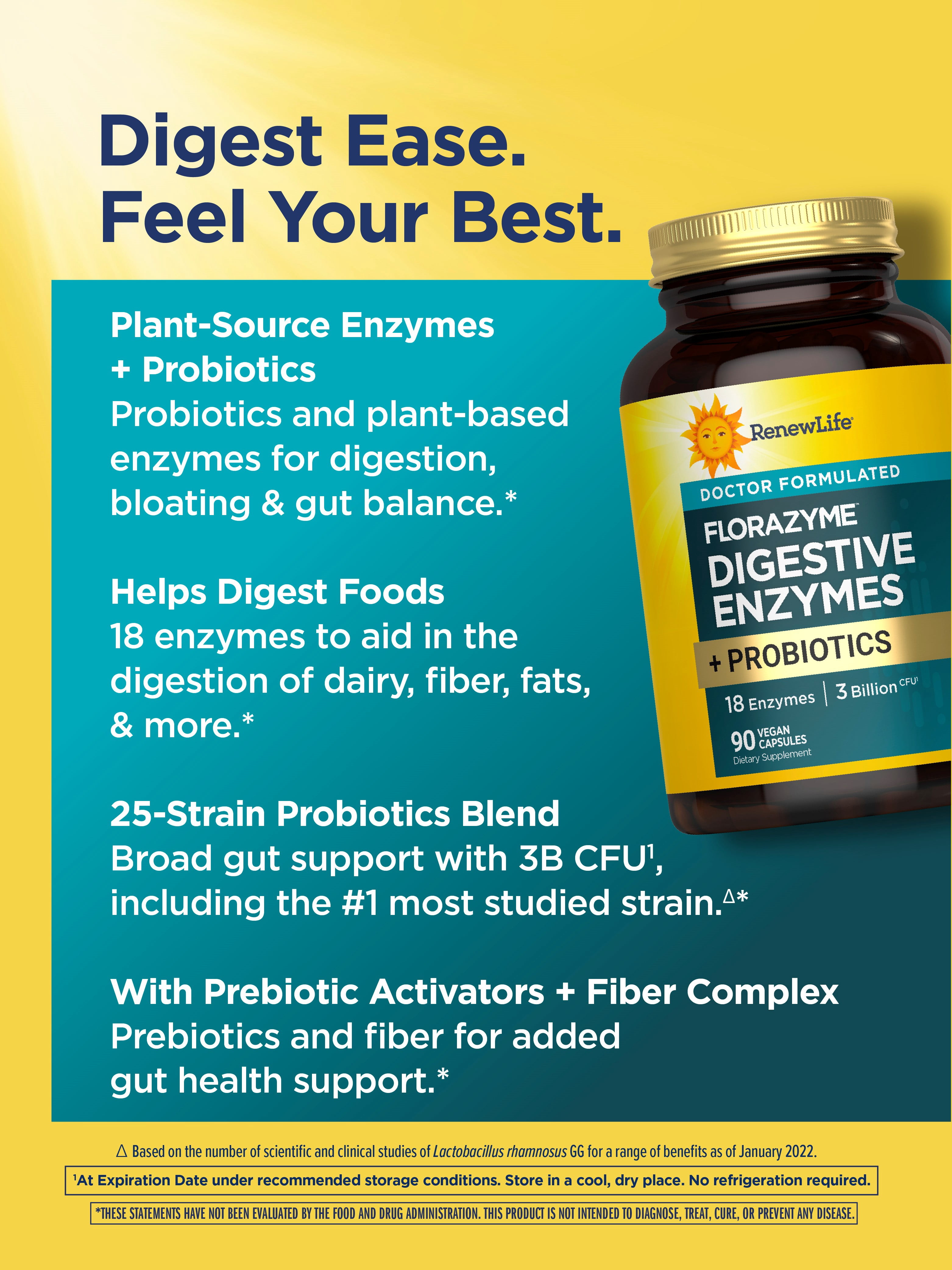 Florazyme Digestive Enzymes with Probiotics | Helps Occasional Gas, Bloating & Discomfort | 90 Vegan Capsules | by Renew Life