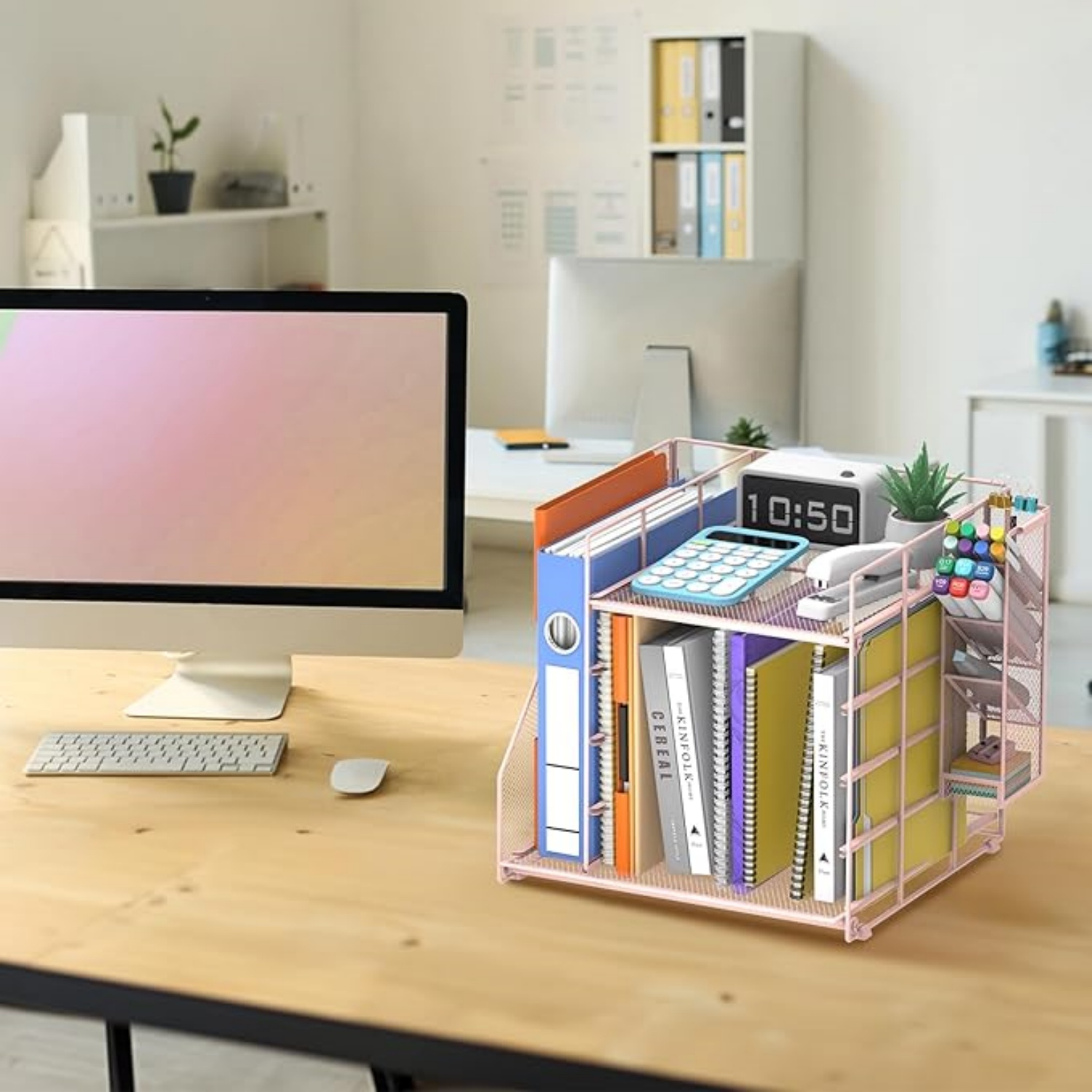 INTIGE Desk Organizer and accessories, 5-Tier Paper Organizer for Desk with Pen Holder and Magazine Holder, Paper Letter Tray for Home, Office