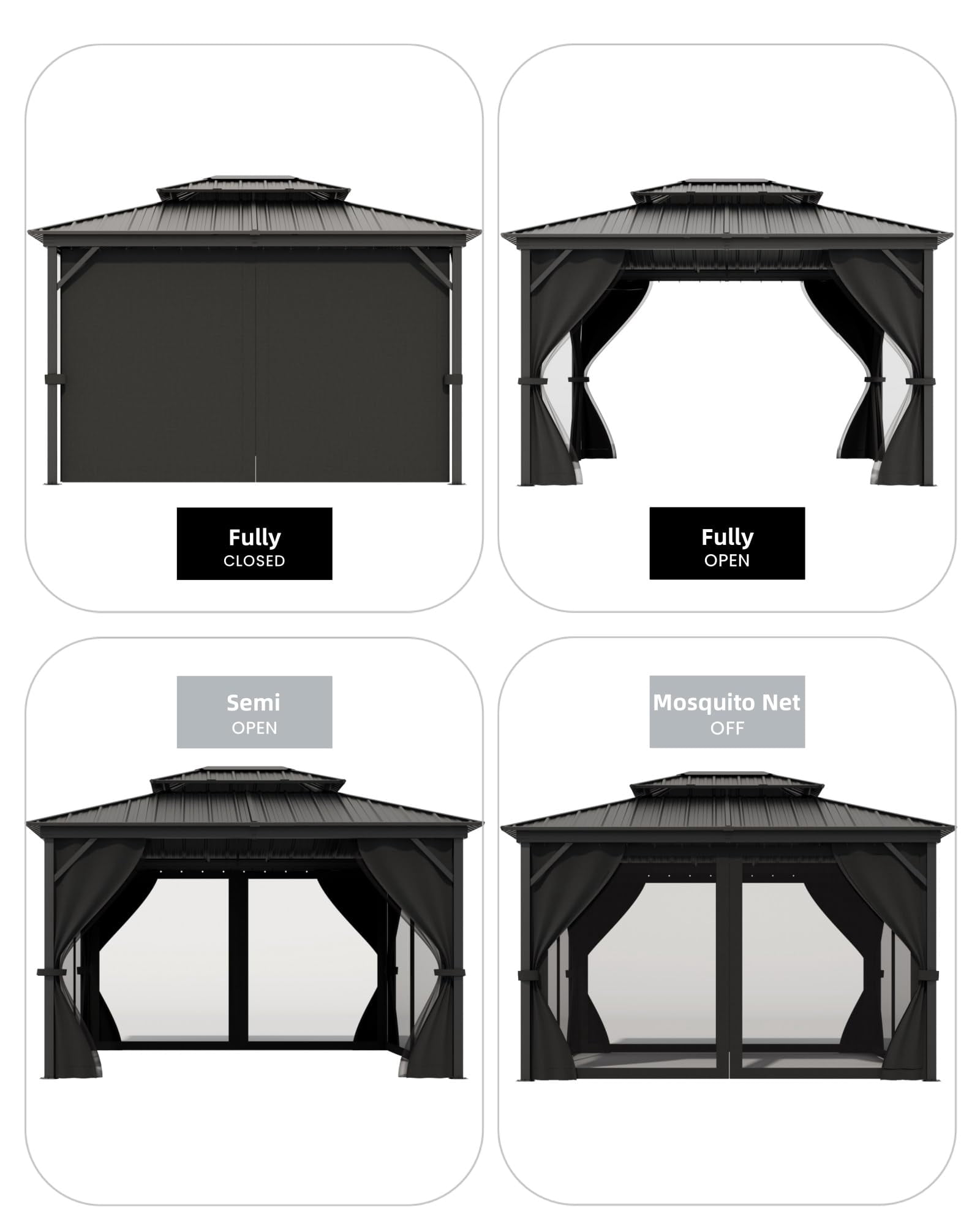 Hardtop Gazebo for Patio and Garden - Double Metal Roof, All-Weather Aluminum Pavilion with Mosquito Netting & Privacy Curtains, Heavy-Duty Outdo – 10x12FT – Black Spray + Gray Cloth Black Mesh