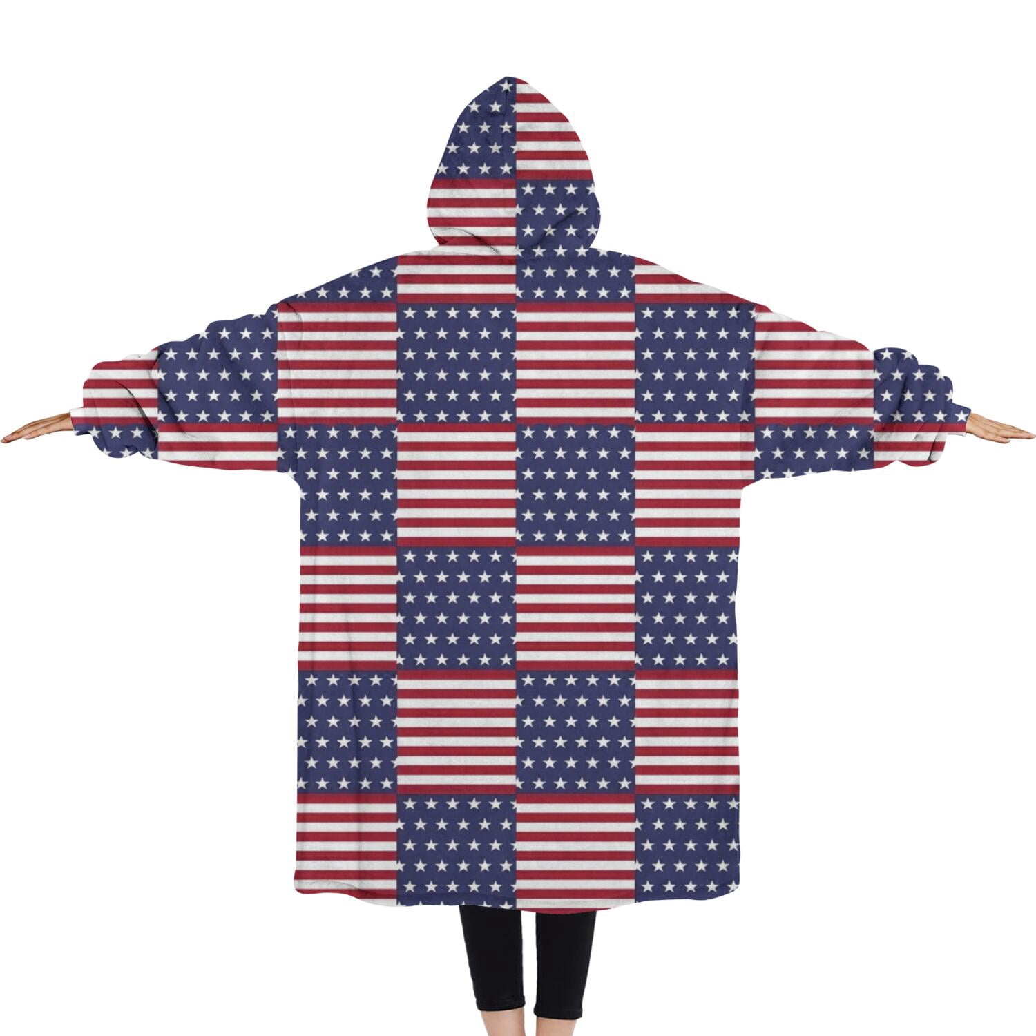 Oversized Wearable Blanket Hoodie,Red White and Blue Star Striped Pattern Sherpa Blanket Hoodie with Super Pockets,Super Warm Fuzzy Pullover for Women & Men