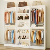 Closet System with 3 Sets, Closet Organizer System with 6 Shelves and 7 Hanging Rods, 6FT Modular Closet System with Expandable Hanging Rods, Wooden Closet Storage System for Walk-in Closet, White