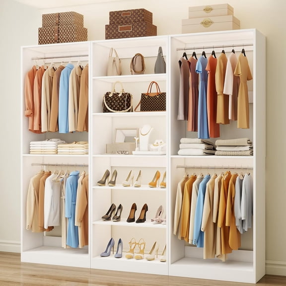 Closet System with 3 Sets, Closet Organizer System with 6 Shelves and 7 Hanging Rods, 6FT Modular Closet System with Expandable Hanging Rods, Wooden Closet Storage System for Walk-in Closet, White