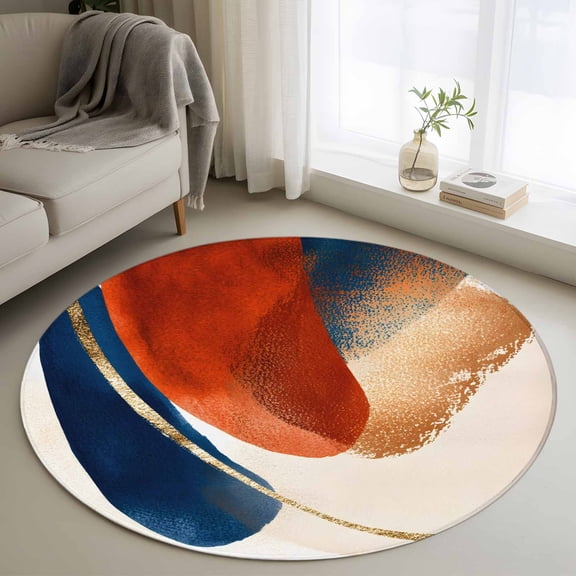 Round Rugs 3.3Ft, Navy Blue Burnt Orange Round Area Rug Washable Indoor Throw Carpet, Artwork Geometric Retro Soft Non Slip Circle Rug for Laundry Room Patio Home Decor Aesthetic