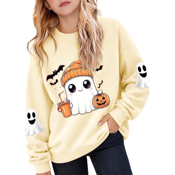 Toddler Girls Halloween Sweatshirt Pumpkin Ghost Print Crewneck Long Sleeve Pullover Preppy Tops Size 2-3T