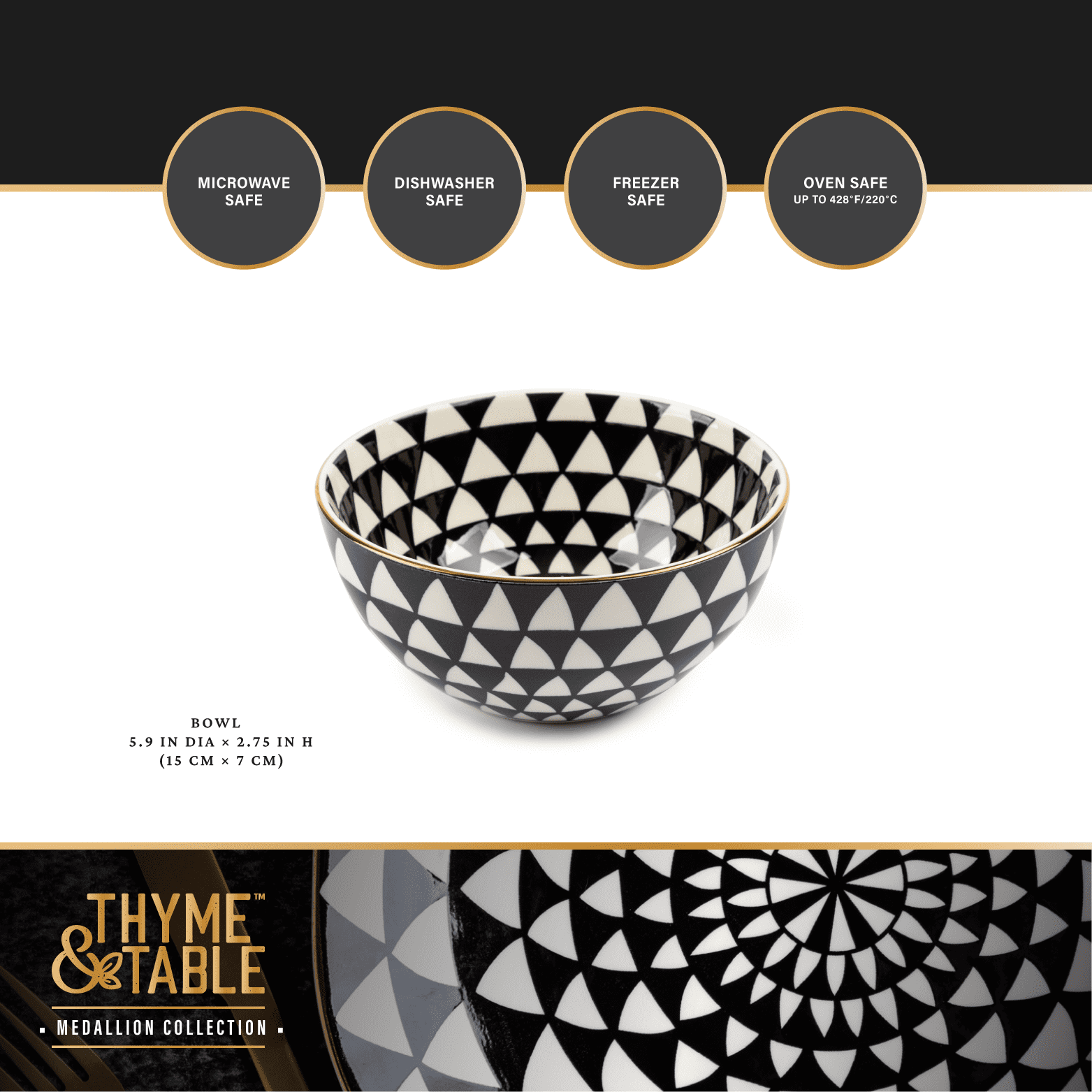 Thyme & Table Medallion Ceramic Bowl Black and White