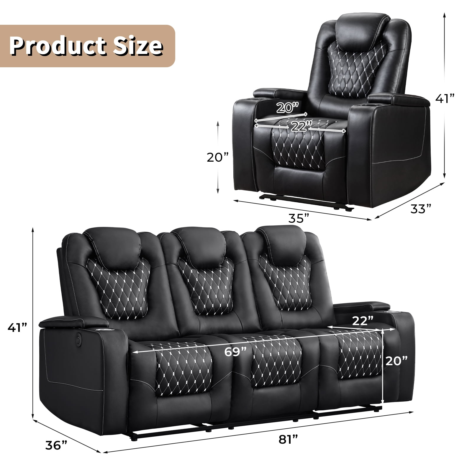 Bonzy Home Theater Recliner Chair Sofa Living Room Furniture Set Power Recliner with Cup Holders, USB Ports, Black