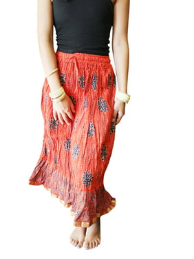 Mogul Women Summer Skirt, Red Printed Boho Skirt, Floral Cotton Beach Skirt, Crinkled Skirts S/M
