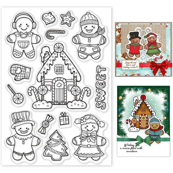 Christmas Tree Clear Stamp Gingerbread Man House Transparent Silicone Stamp Christmas Candy Gift Rubber Stamp for Scrapbook Journal Card Making 4.3 x 6.3 Inch for DIY