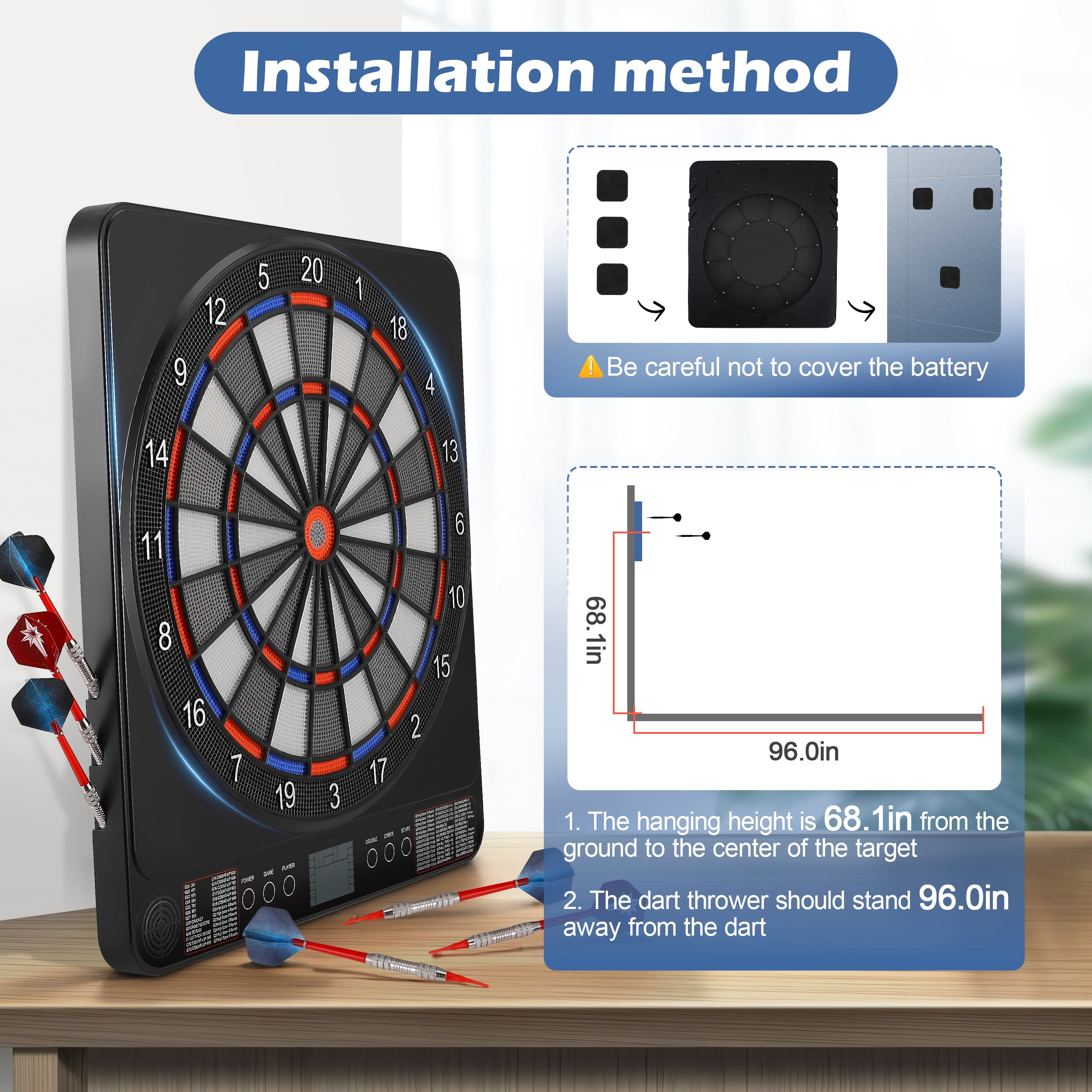 AMTPM Electronic Dart Board, Dart Board Electronic Scoreboard for 8 Players, 6 Darts Plastic Tips, Dartboard Set 65 Games, 200+ Variants Digital Electric Dart Boards, Battery