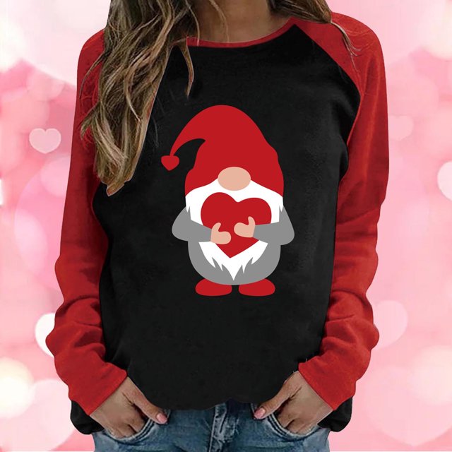 Qertyioot T-Shirt Graphique de la Saint-Valentin pour Femmes à Manches Longues, Col Rond, Haut Décontracté Raglan à Panneaux Contrastés, Imprimé Nain Vieil Homme