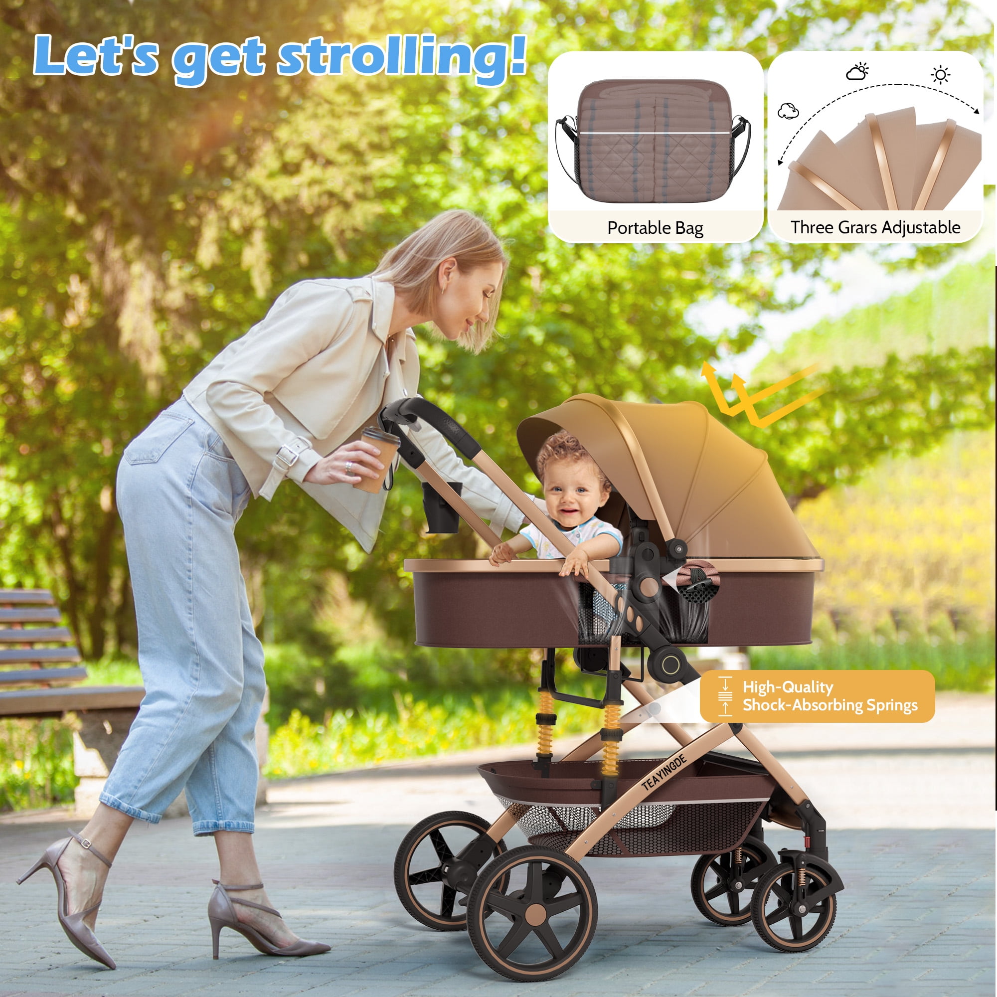 babyeap 2 in 1 Baby Stroller,Foldable Lightweight Carriage Reversible Bassinet Pram for Toddler,Travel Stroller with with Cup Holder、Storage Bag,Brown