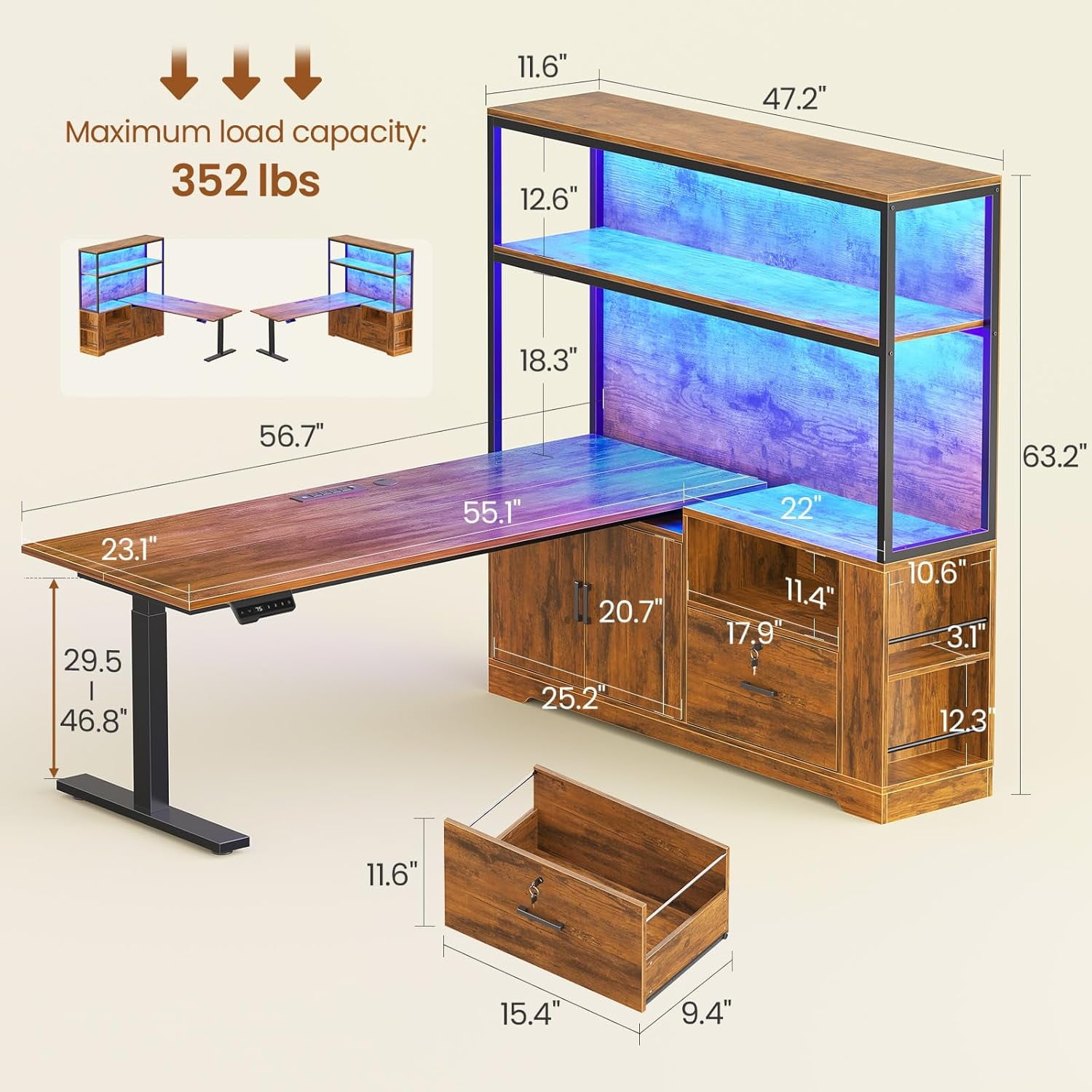 SEDETA L Shaped Standing Desk, Electric Adjustable Height Computer Desk with Drawer, Cabinet & Bookcase,  Stand Up Corner Desk with LED Lights & Power Outlets for Home Office, Rustic Brown