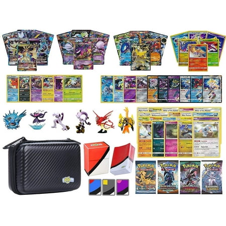 Totem World Pokemon Premium Collection 100 Cards with GX Mega EX Shining Holo 10 Rares 4 Booster Pack - 100 Sleeves - Black Card Case - Deck Box and