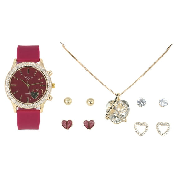 Valentine's Day Beautiful Ladies I Love You Forever 6 pc Jewerly Set with Colorful Rubber Band Bling Watch - Matching Earrings and Heart Pendent Necklace - ST10370 (Burgundy)
