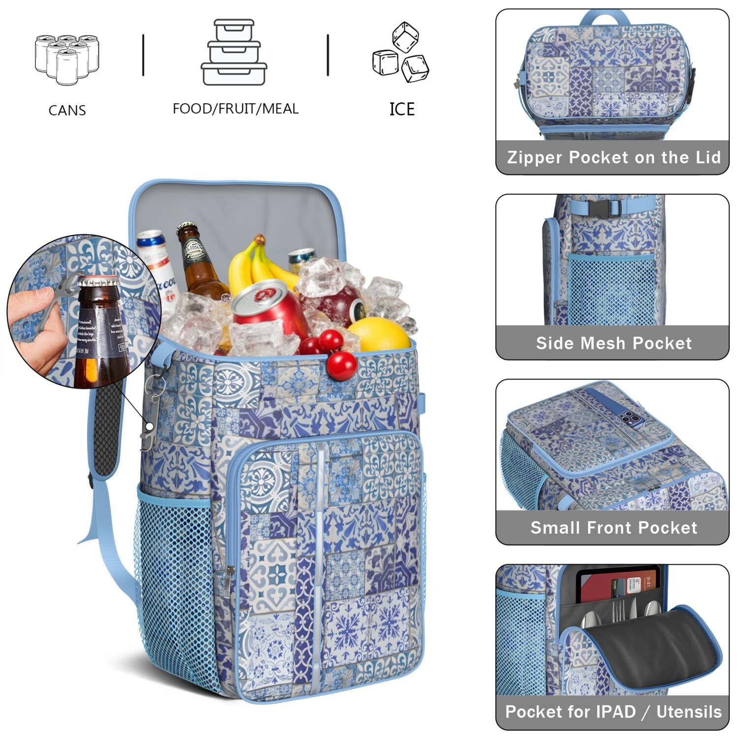 Travel Cooler Bag - Boho Bohemia Flower Camping Beer Cooler Backpack with Bottle Opener- Waterproof Insulated Picnic Backpacks - Cooler Bag for Beach