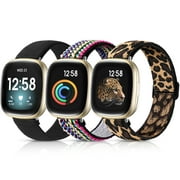 Maledan 3 Pack Elastic Band Compatible with Fitbit Sense and Fitbit Versa 3 Bands for Women, Adjustable Stretch Strap Soft Sport Wristband for Versa 3/ Sense Accessories, Black/ Leopard/ Colorful