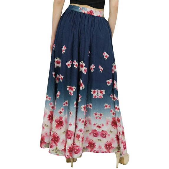Bimba Women's Blue Floral Printed Cotton Elastic Waist Designer Maxi Skirt-S