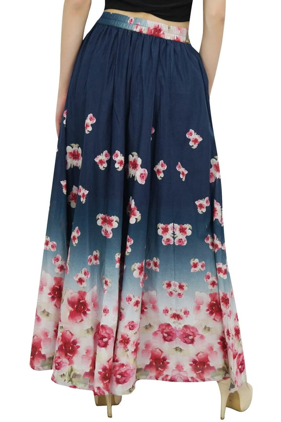 Women's Blue Floral Printed Cotton Elastic Waist Designer Maxi Skirt-S
