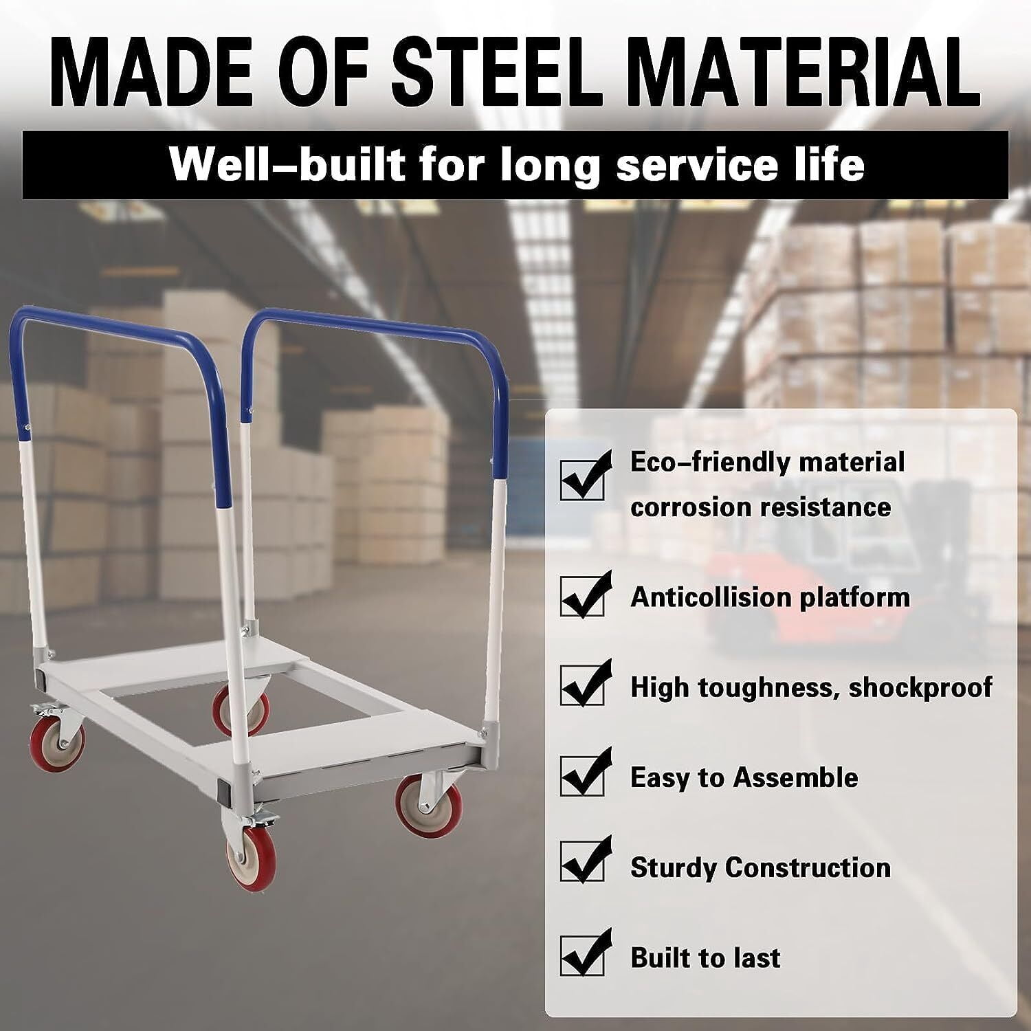 DENEST 1500 lbs Professional Panel Cart Dolly Rectangular Low Noise with 5inch Casters