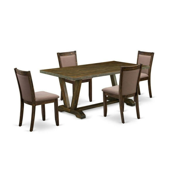 East West Furniture 5 Piece Kitchen Table Set - A Distressed Jacobean Top Rustic Kitchen Table with Trestle Base and 4 Coffee Linen Fabric Parsons Chairs - Distressed Jacobean Finish