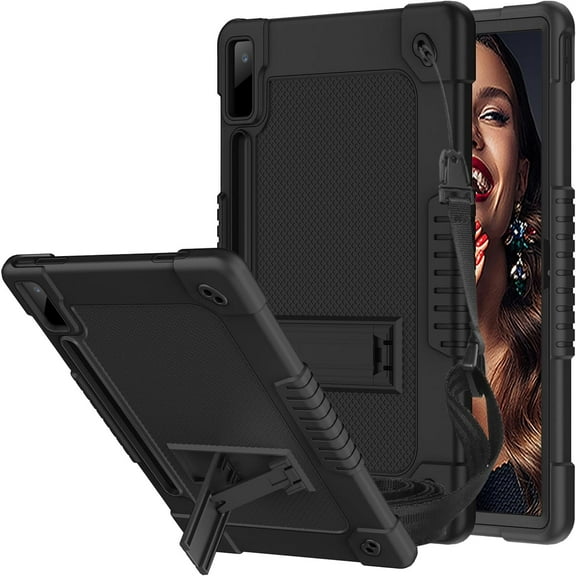 Kebiory for Lenovo Tab P12 12.7 Inch 2023 Tablet Case,Shoulder Strap Soft Silicone & Hard Back Hybrid Shockproof Protective Case for Lenovo Tab P12 TB-370FU/Xiaoxin Pad Pro TB-371FC (Black/Black)