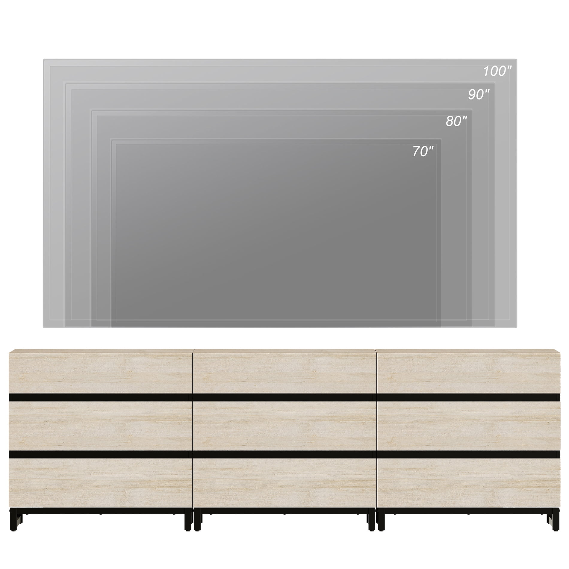 Modern TV Stand with 9 Drawers and Metal Base, Entertainment Center Media Console for Living Room Bedroom, Fits TVs up to 100 Inch, Beige