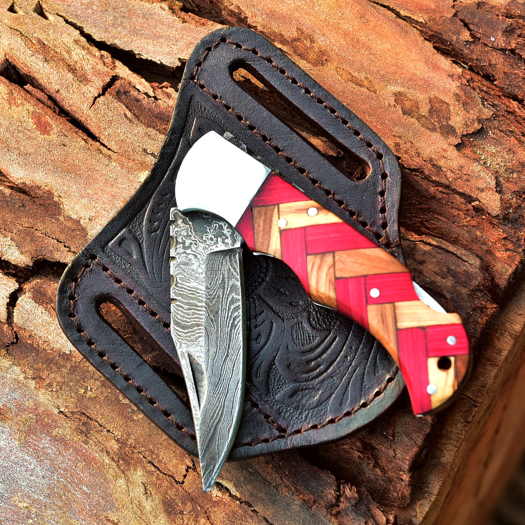 Custom Handmade Damascus Steel Folding Knife/Pocket Knife SS-170481 (Red and Olive  Wood)